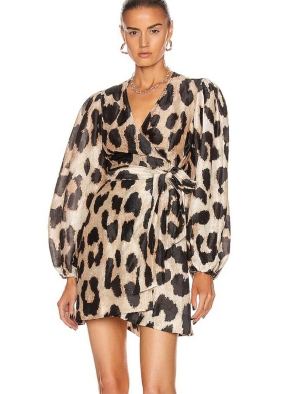 Ganni Leopard-Print Wrap Mini Dress - Beige & Black 38